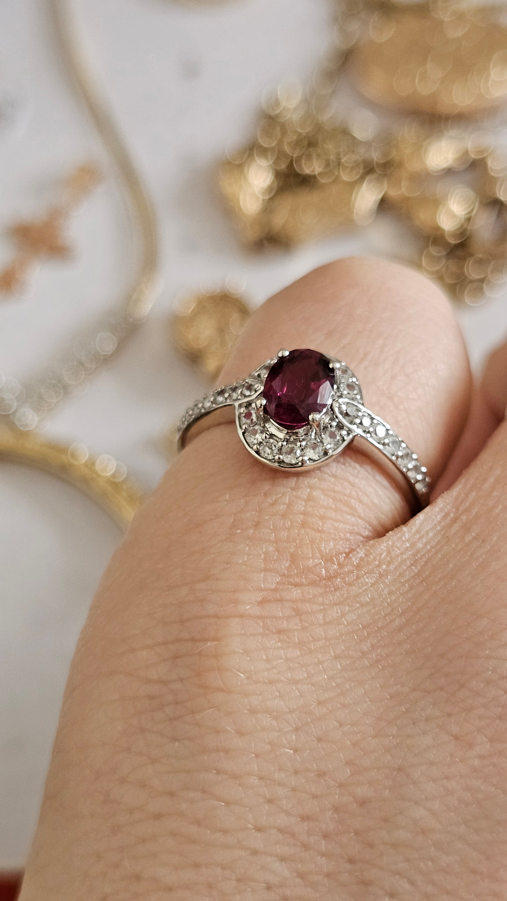 10ct White Gold Rubellite Tourmaline & Zirconia Halo Ring – Size R 1/2