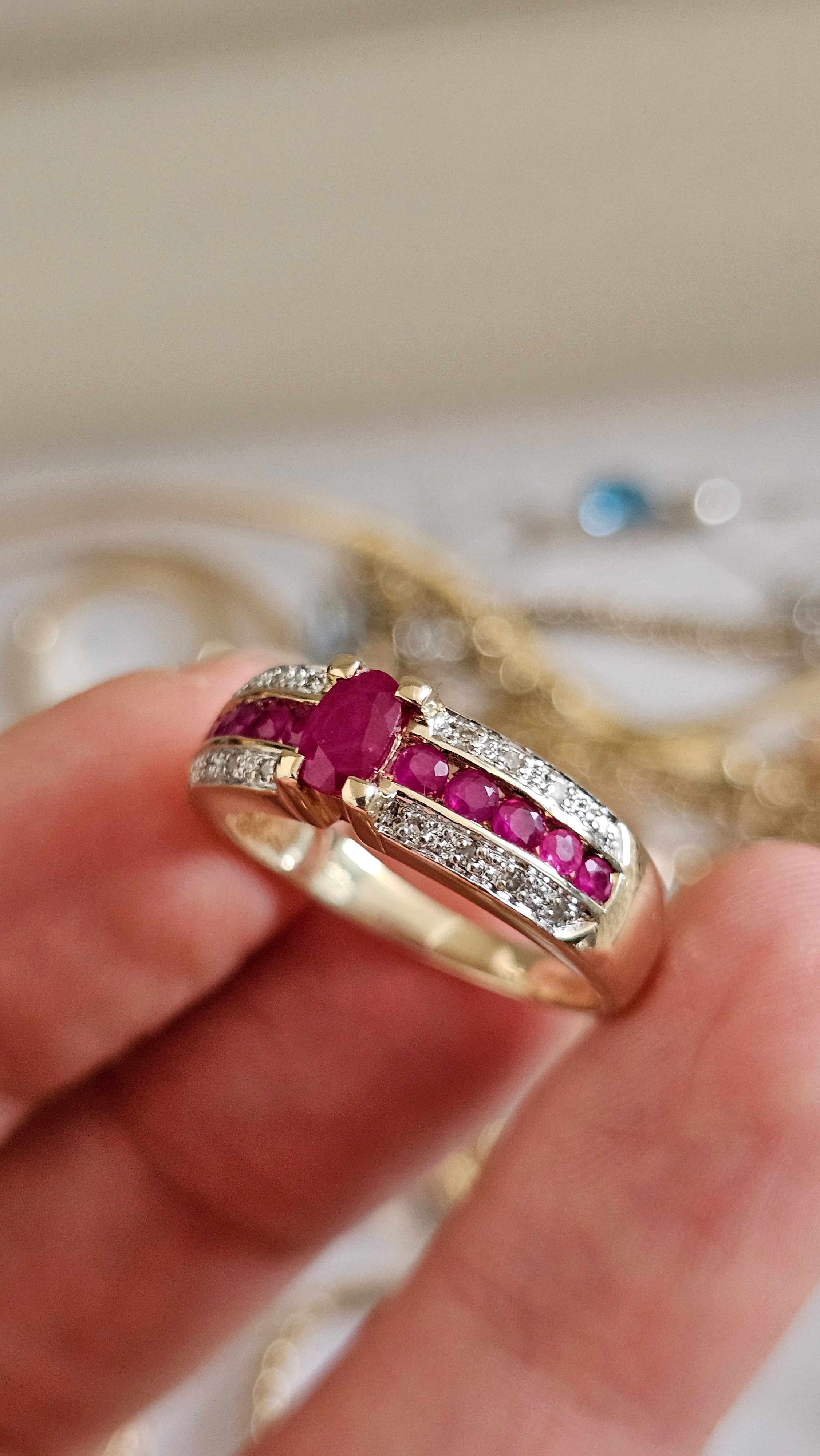 9ct Yellow Gold Ruby and Diamond Ring , size R 1/2  , 4.78 grams