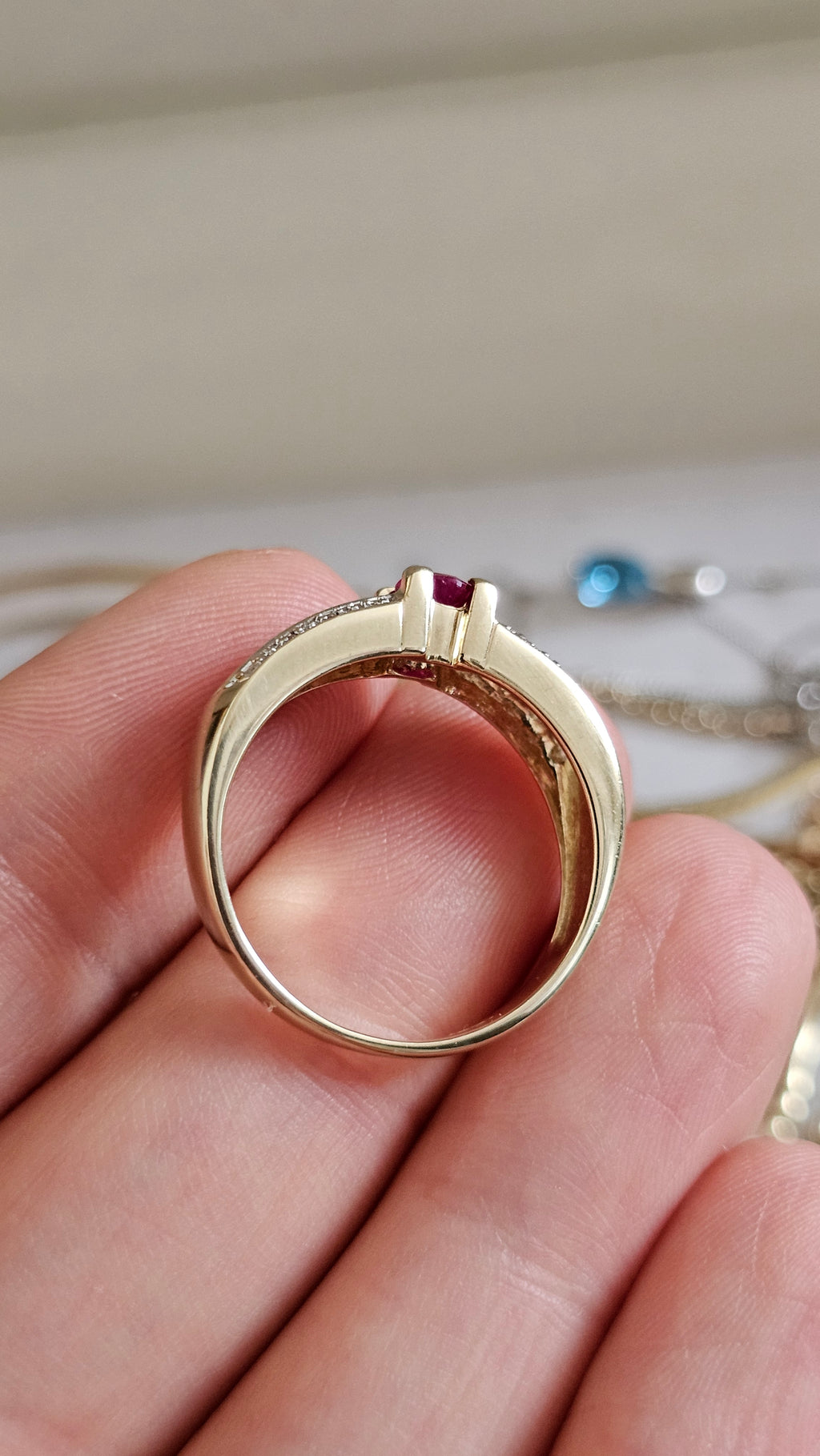 9ct Yellow Gold Ruby and Diamond Ring , size R 1/2  , 4.78 grams