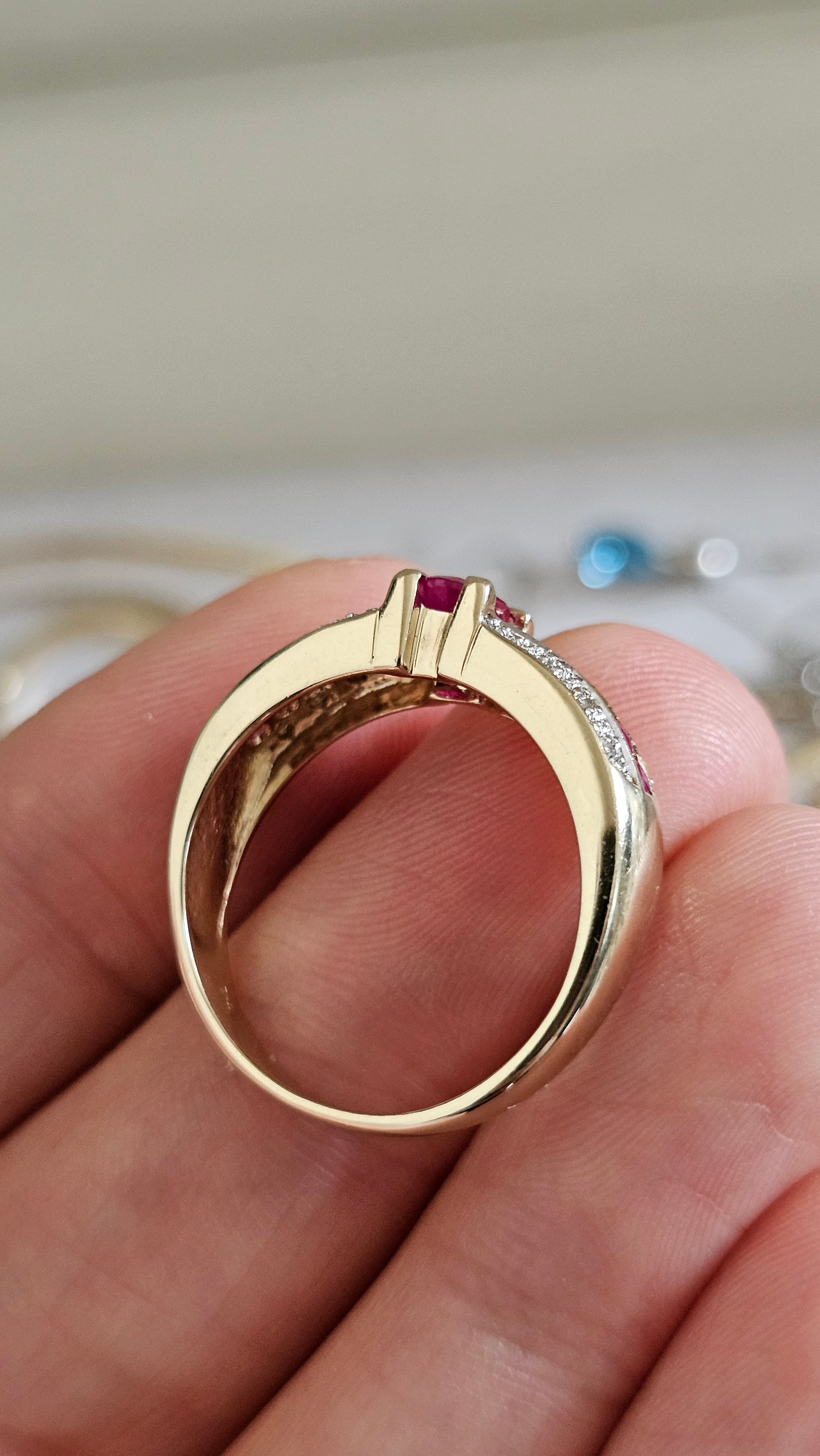 9ct Yellow Gold Ruby and Diamond Ring , size R 1/2  , 4.78 grams