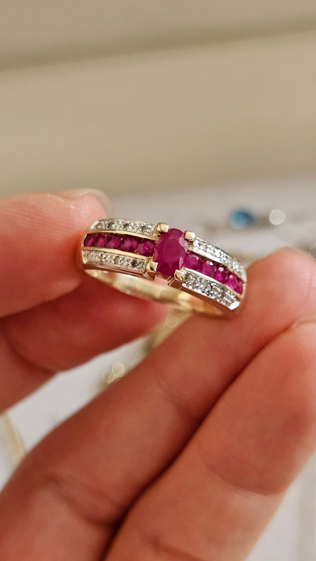 9ct Yellow Gold Ruby and Diamond Ring , size R 1/2  , 4.78 grams