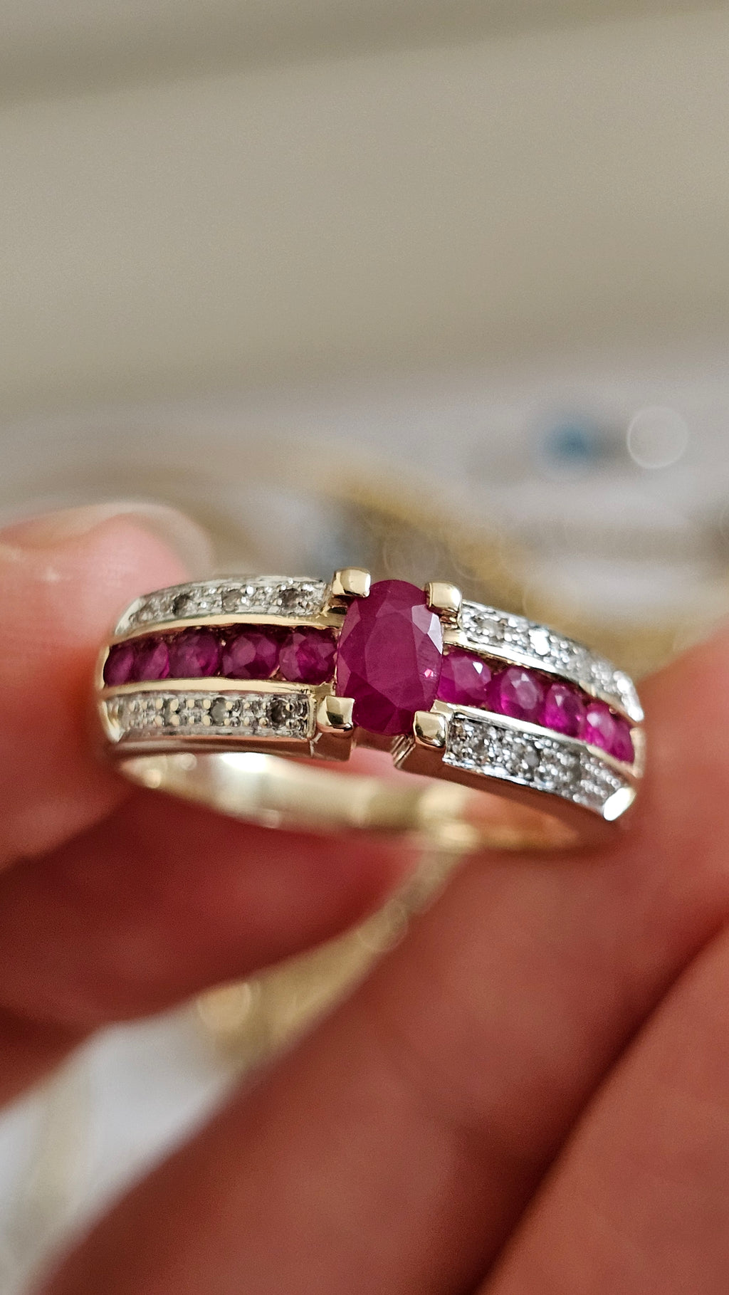 9ct Yellow Gold Ruby and Diamond Ring , size R 1/2  , 4.78 grams