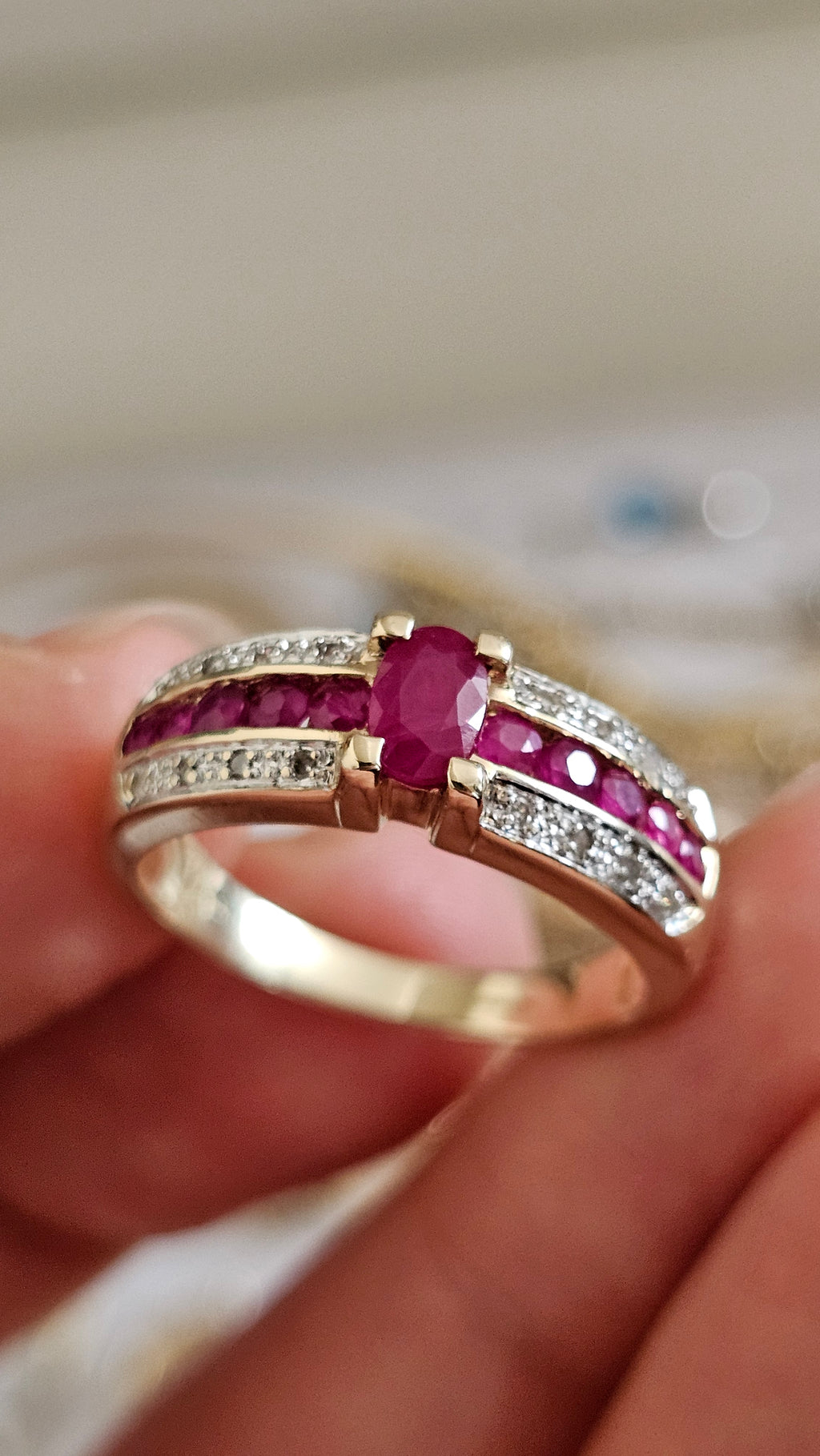 9ct Yellow Gold Ruby and Diamond Ring , size R 1/2  , 4.78 grams