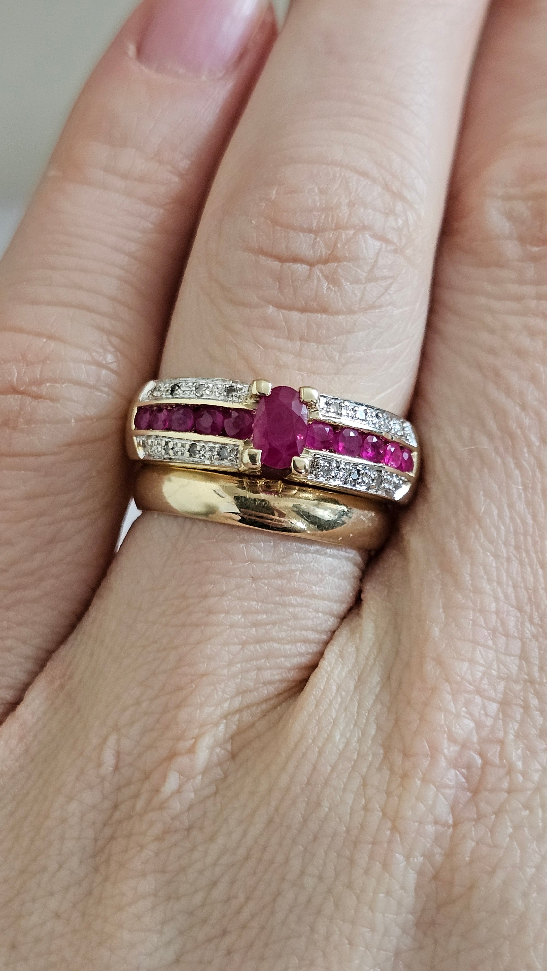 9ct Yellow Gold Ruby and Diamond Ring , size R 1/2  , 4.78 grams