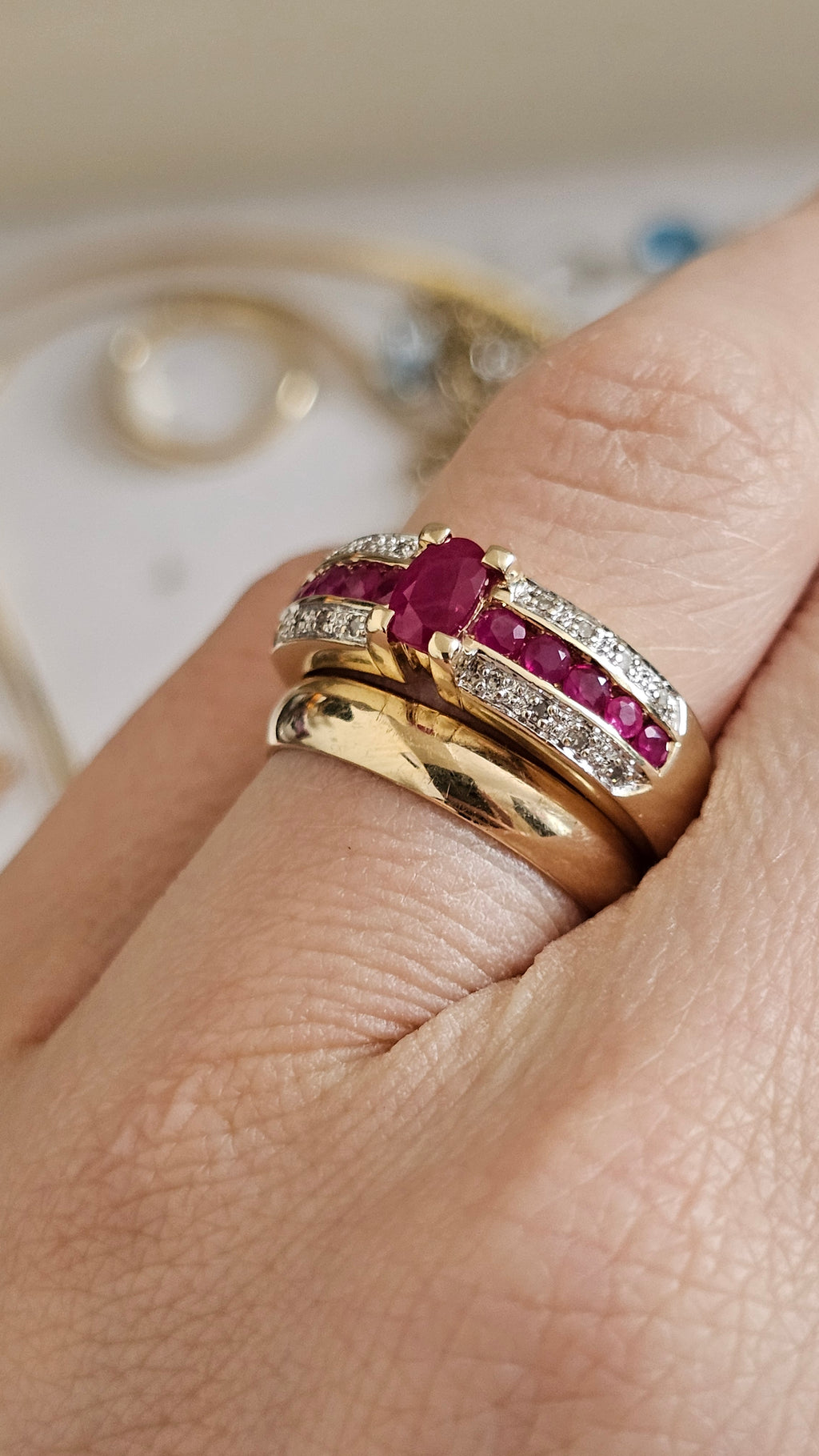 9ct Yellow Gold Ruby and Diamond Ring , size R 1/2  , 4.78 grams