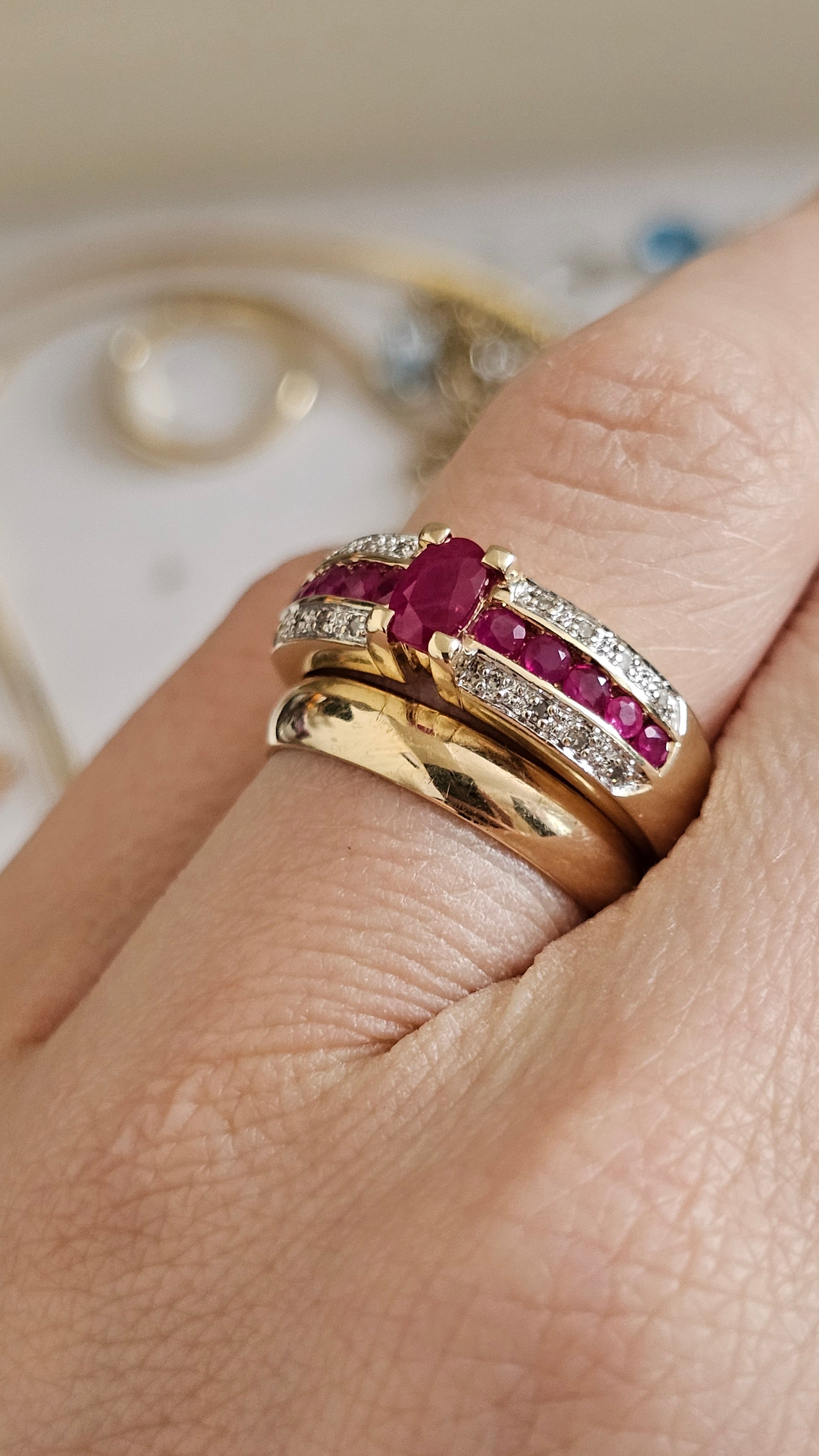 9ct Yellow Gold Ruby and Diamond Ring , size R 1/2  , 4.78 grams