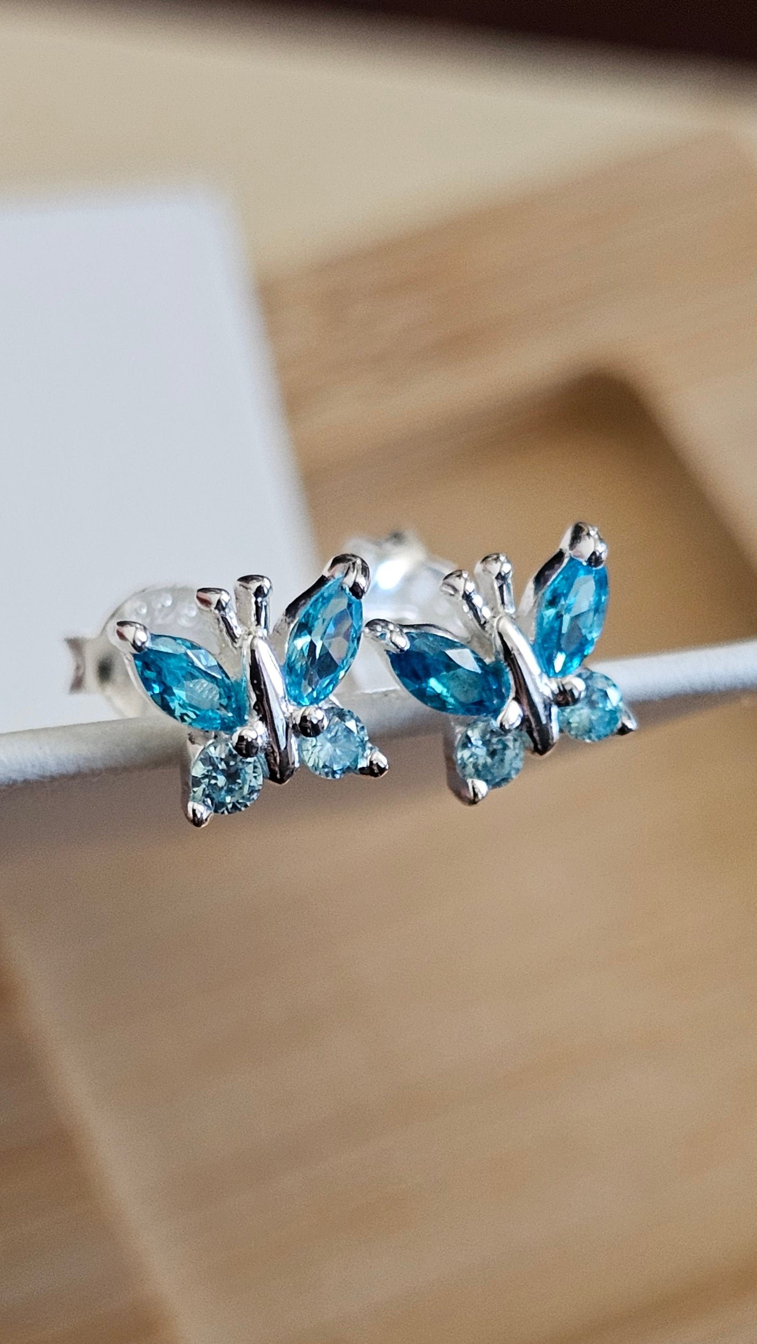 Dainty 925 Sterling Silver Blue CZ Butterfly Stud Earrings
