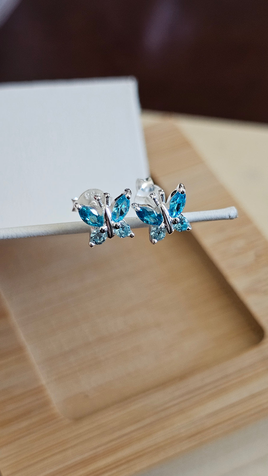 Dainty 925 Sterling Silver Blue CZ Butterfly Stud Earrings