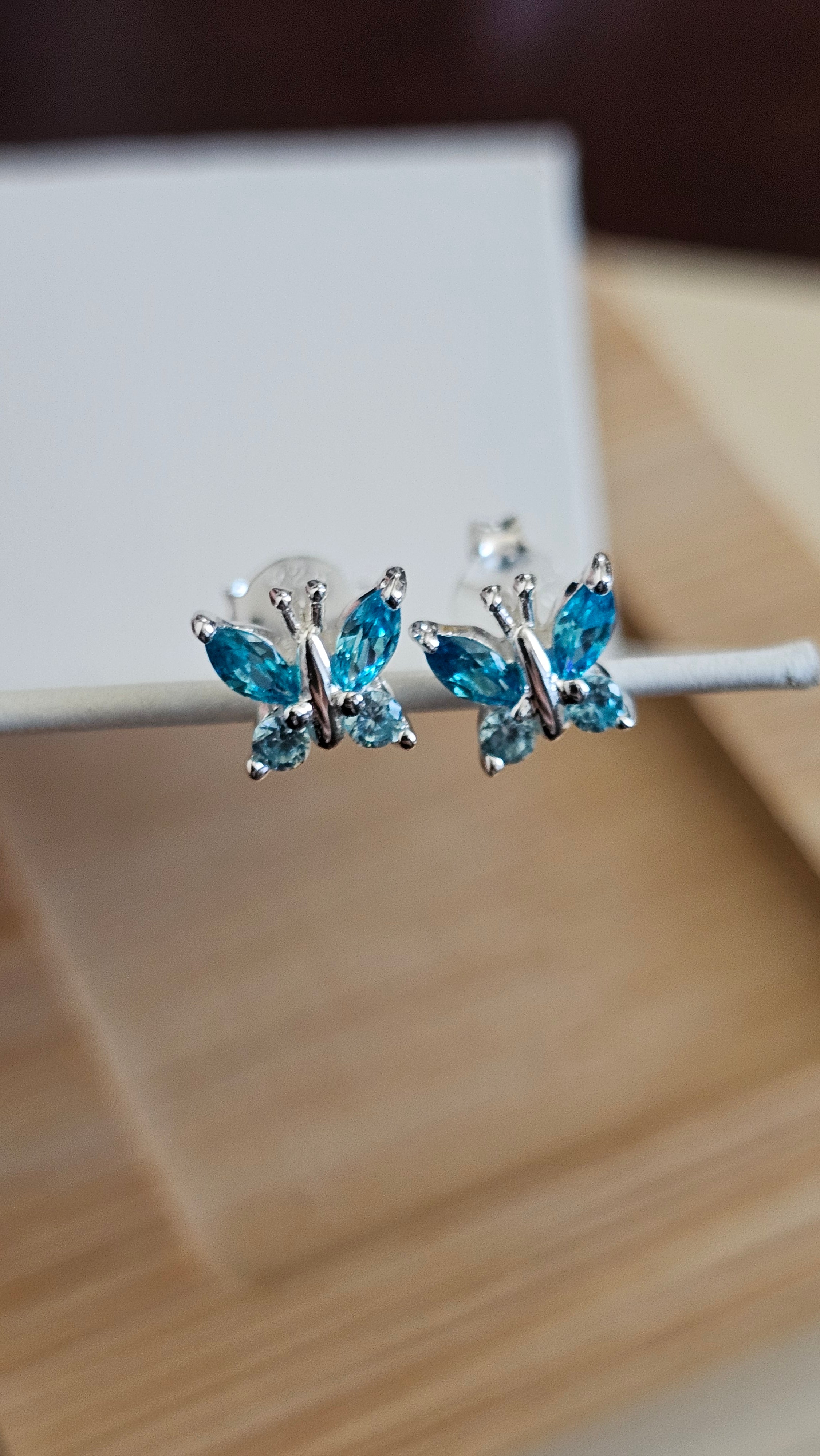 Dainty 925 Sterling Silver Blue CZ Butterfly Stud Earrings