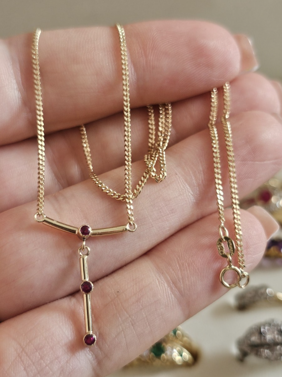 9ct Yellow Gold  Ruby Necklace 16.5" Fine Curb Chain | Full Hallmark
