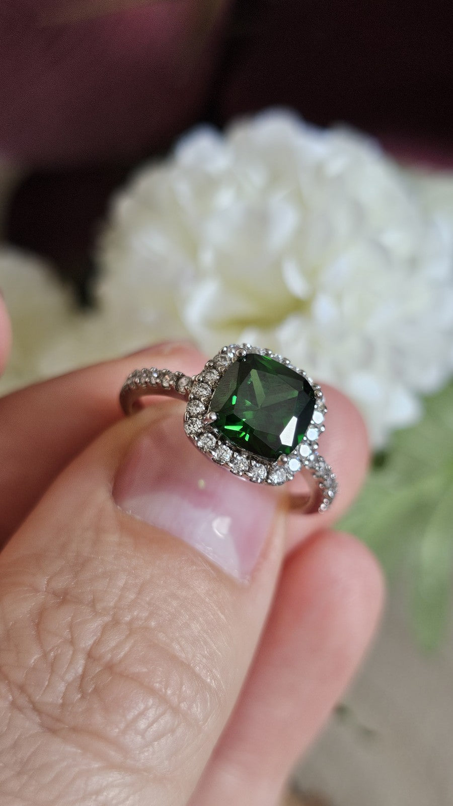 925 Sterling Silver Green CZ Halo Ring Size Q Cushion Cut 3.06g
