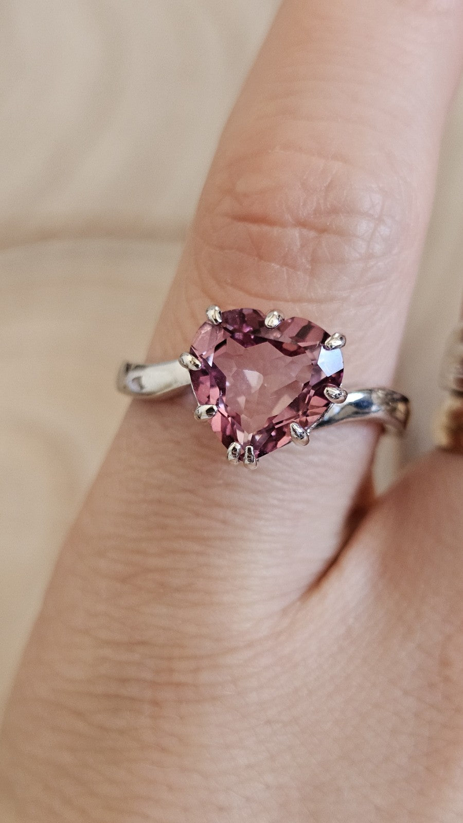 TGGC 925 Sterling Silver Pink Tourmaline Heart Ring Size S – 3.08g