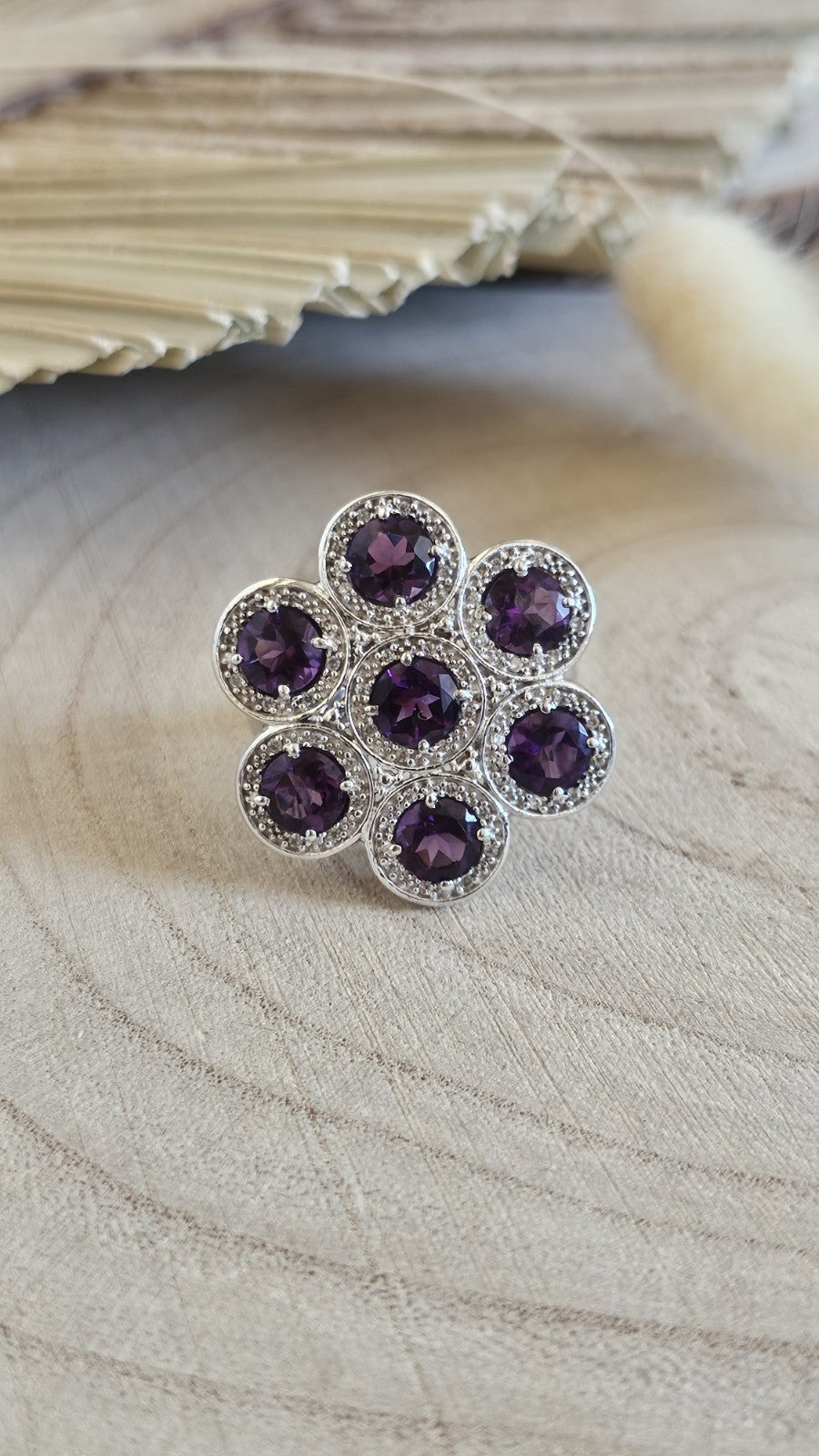 TGGC 925 Sterling Silver Amethyst Zircon Cluster Ring Size N 1/2 10.17g
