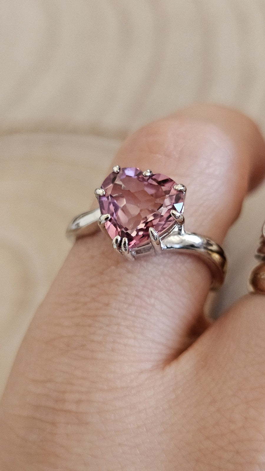 TGGC 925 Sterling Silver Pink Tourmaline Heart Ring Size S – 3.08g