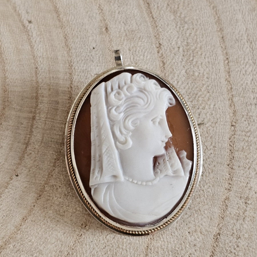 Vintage 925 Sterling Silver Carved Shell Cameo Brooch Pendant Convertible 5.37g