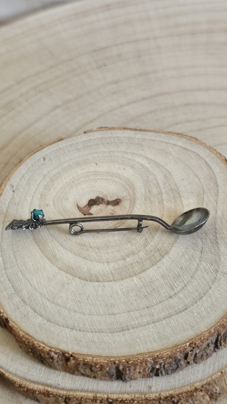 Vintage 900 Silver Spoon Brooch Turquoise Stone Figural Pin 3.28g 64mm