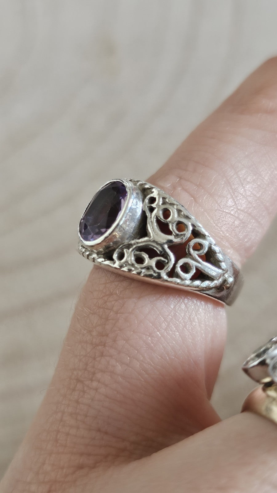 925 Sterling Silver Amethyst Filigree Statement Ring – Size M – 5.51g