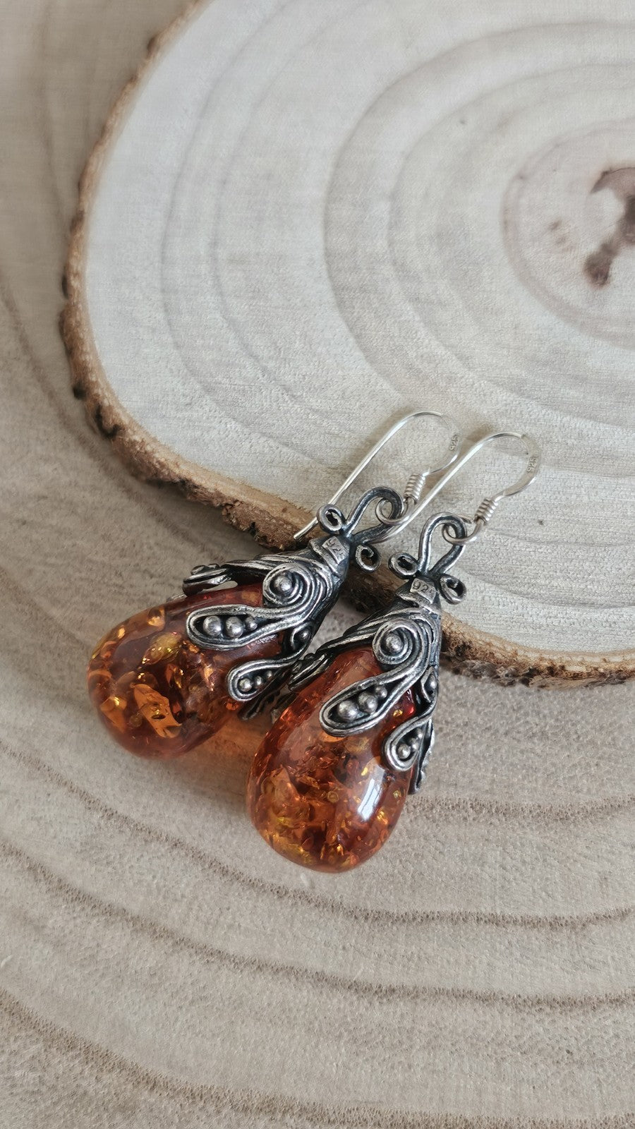 Vintage 925 Sterling Silver Amber Drop Earrings Ornate Dangle 13.57g