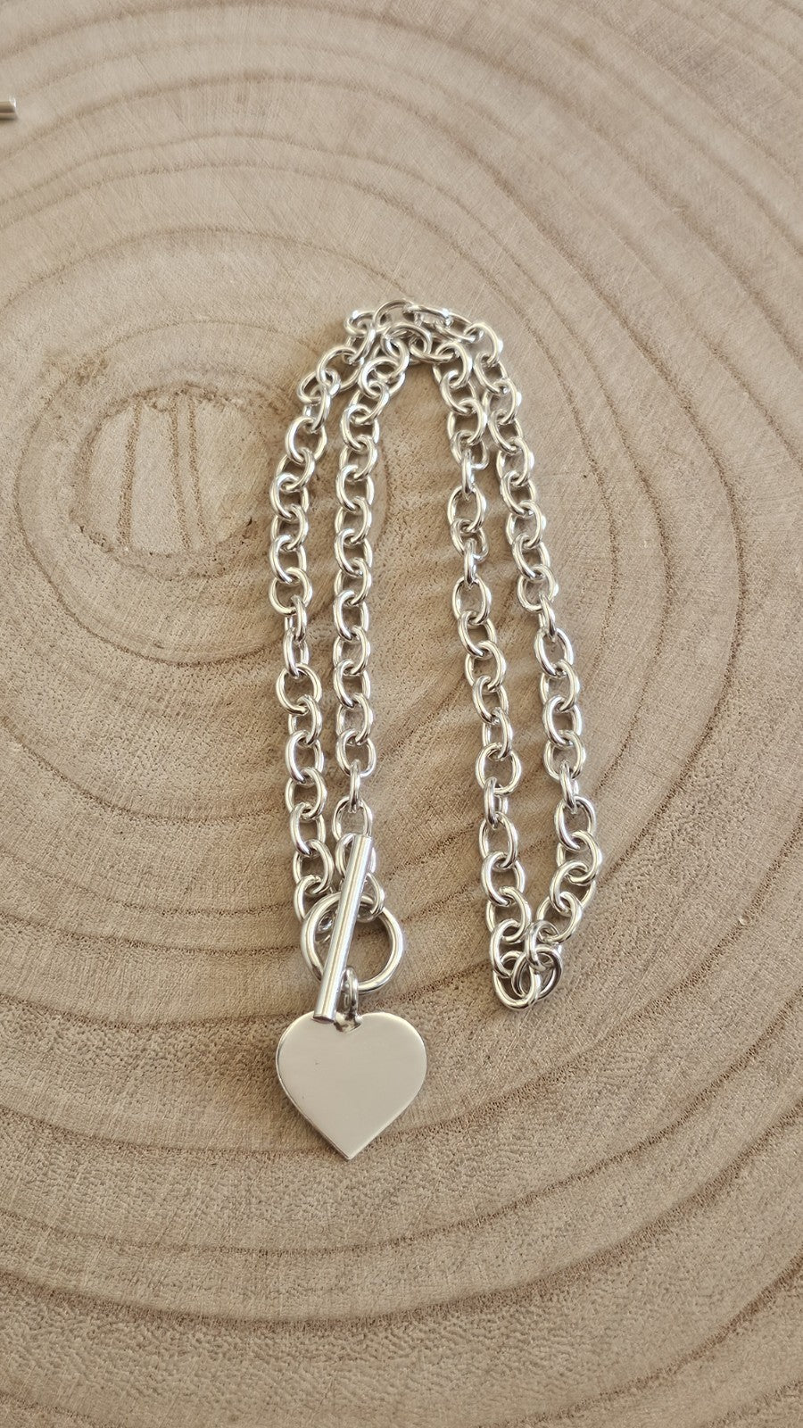 925 Sterling Silver Chunky Heart Pendant Necklace T-Bar Hallmarked 27.61g