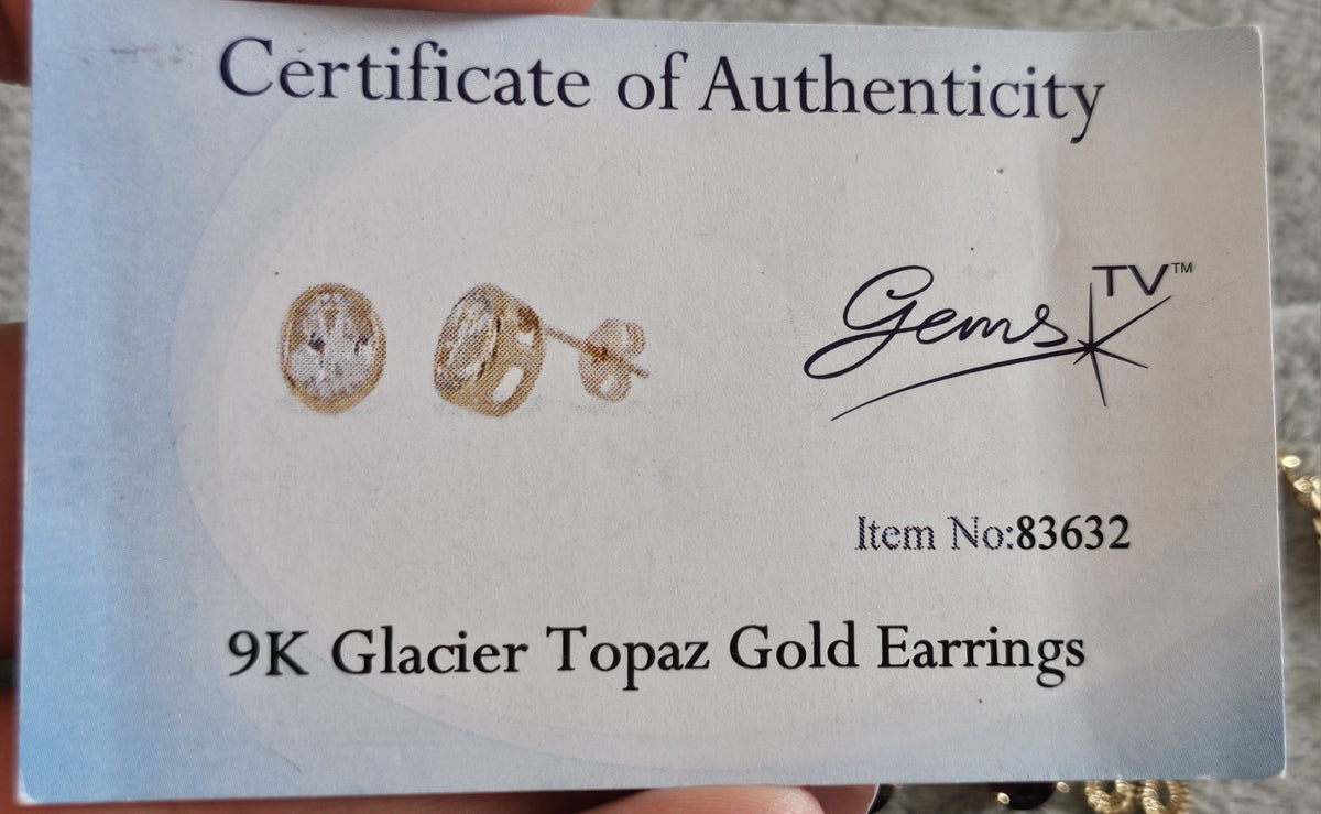 9ct Yellow Gold Glacier Topaz 1.776ct Oval Stud Earrings 9K Certified