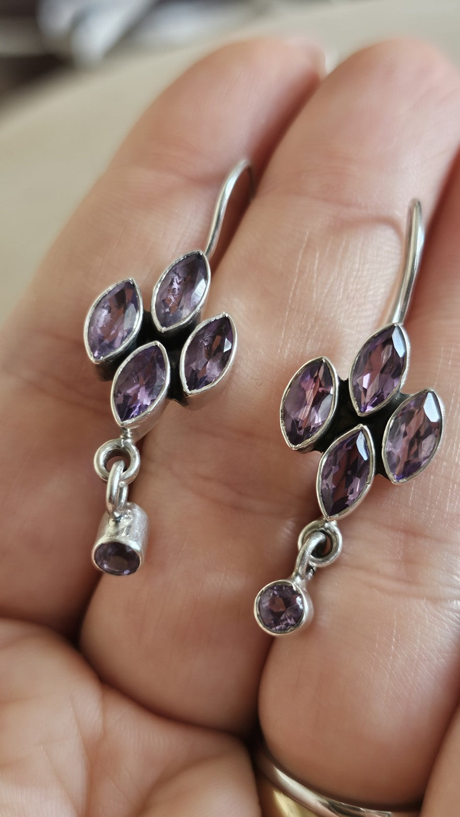 925 Sterling Silver Amethyst Floral Drop Dangle Earrings 