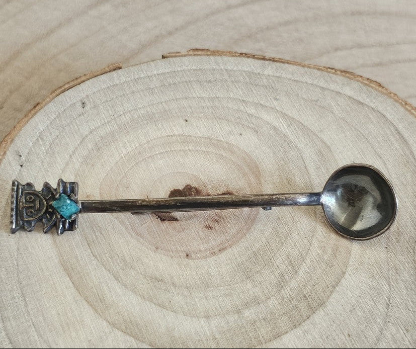 Vintage 900 Silver Spoon Brooch Turquoise Stone Figural Pin 3.28g 64mm