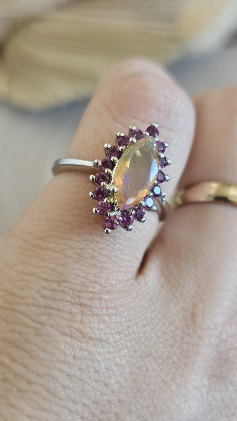 925 Sterling Silver Opal Rhodolite Garnet Halo Statement Ring Size N 1/2 3.90g