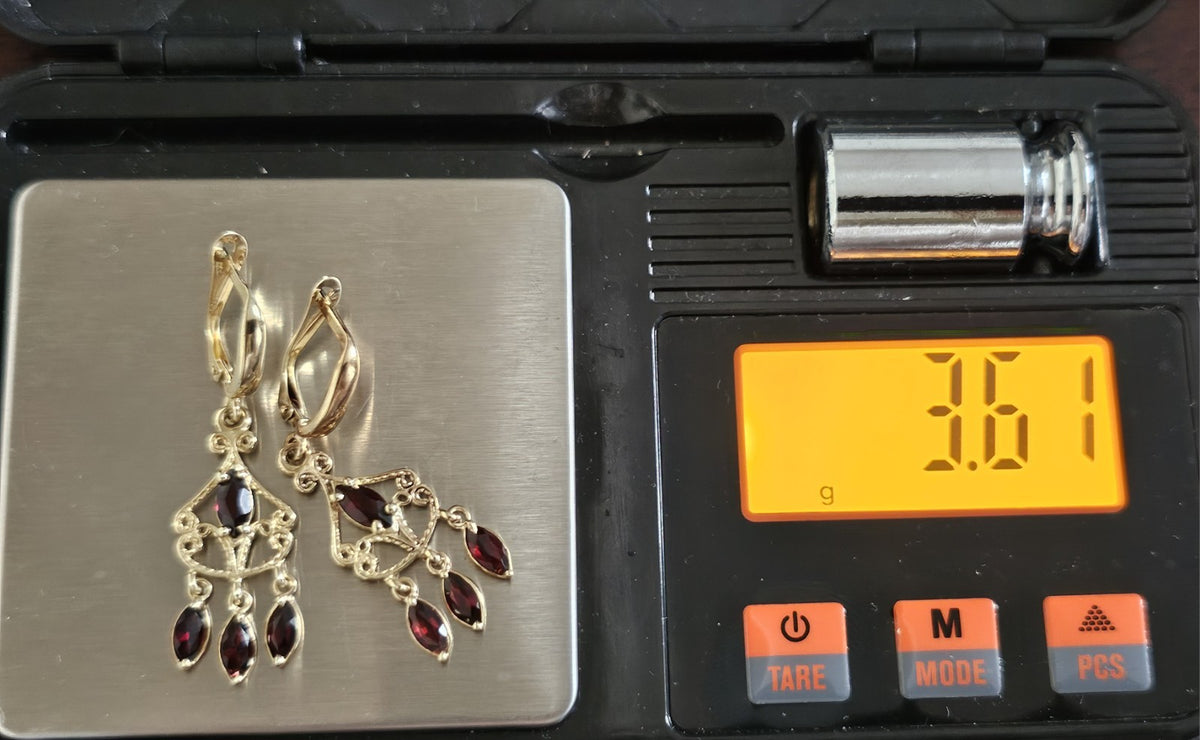 Vintage 9ct Yellow Gold Garnet Chandelier Drop Earrings 3.61g 41mm 375