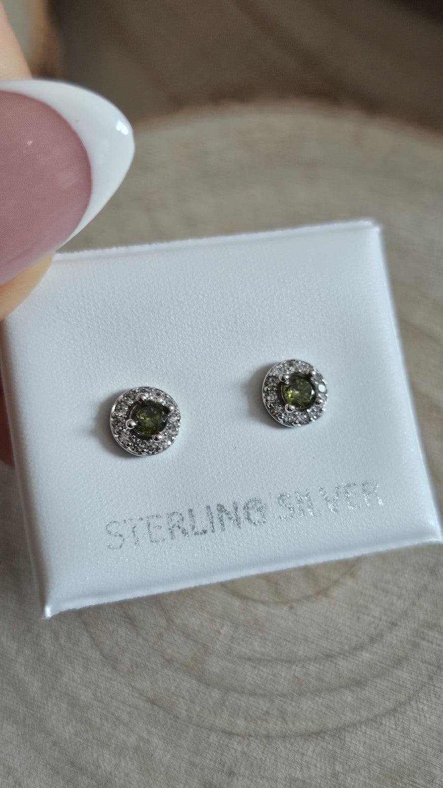 925 Sterling Silver Olive Green CZ Halo Stud Earrings 5.8mm , New Boxed