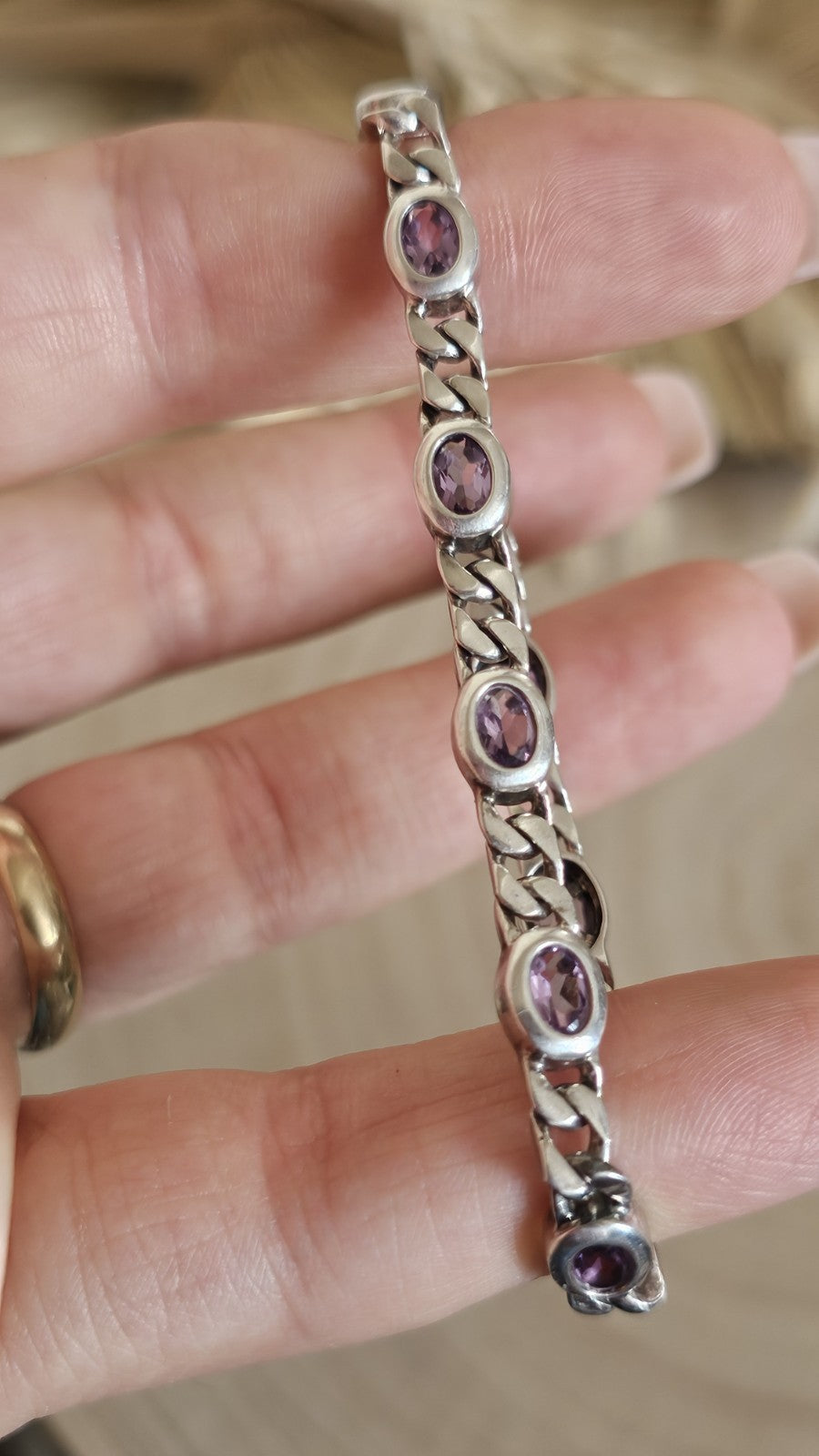 925 Sterling Silver Curb Link Amethyst Bracelet 18.5cm Hallmarked 13.39g
