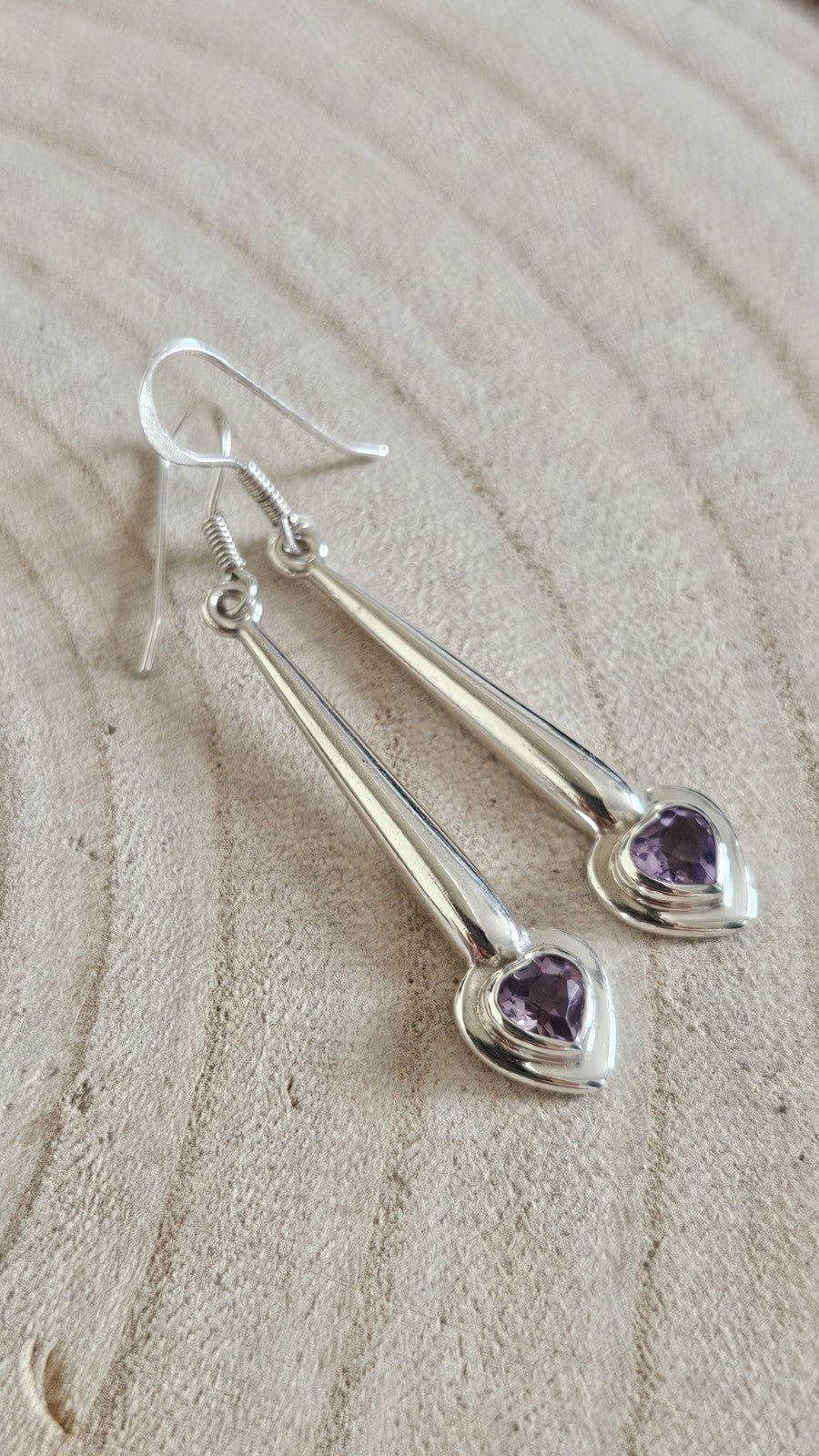 925 Sterling Silver Amethyst Heart Drop Dangle Earrings Stamped 925