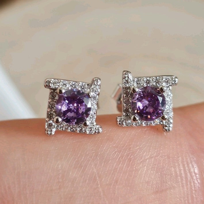 925 Sterling Silver Amethyst CZ Stud Earrings Rhodium Plated 7mm New in Box