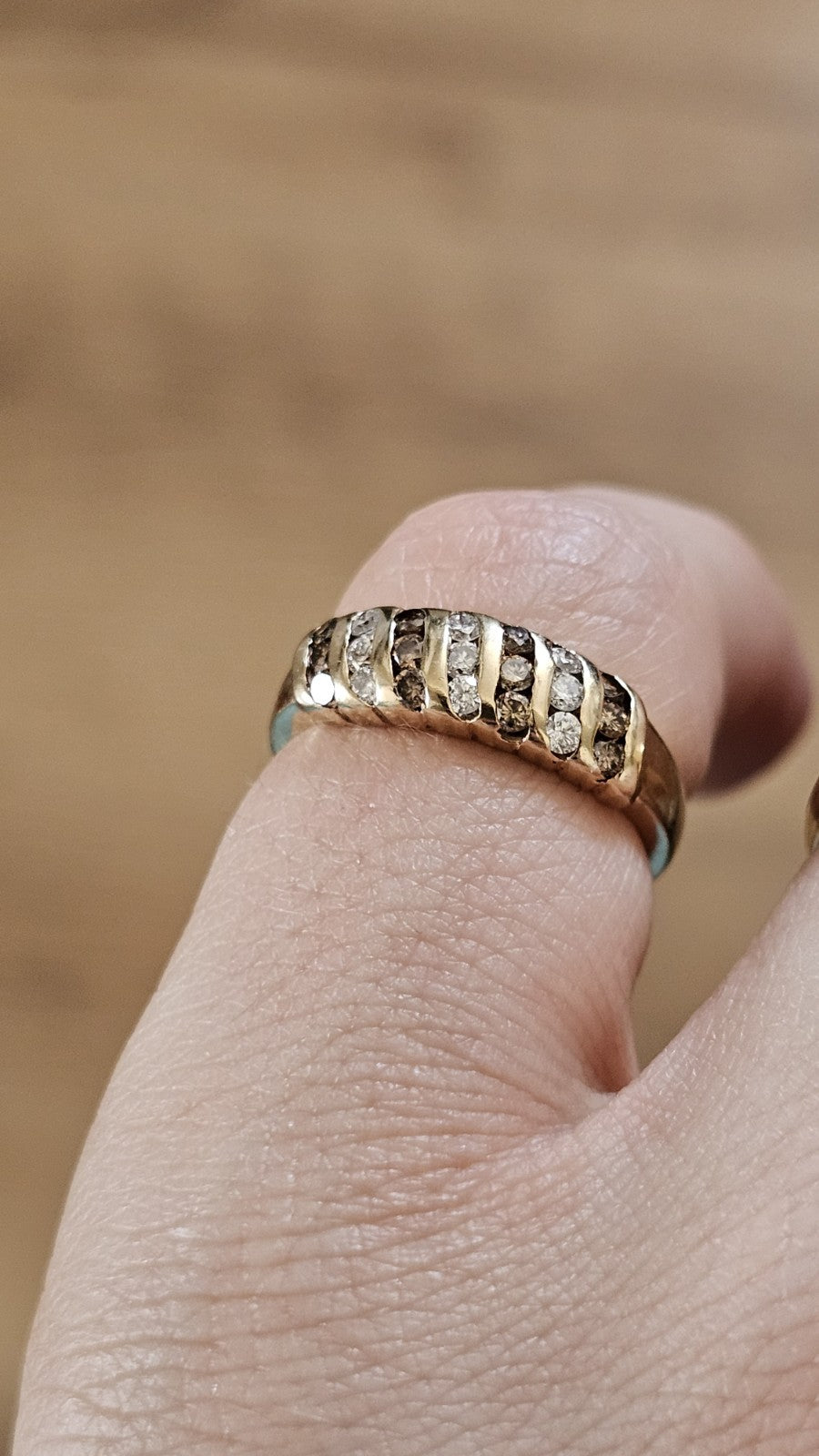 9ct Yellow Gold 0.63ct Champagne & White Diamond Three-Row Ring - Size L 1/2