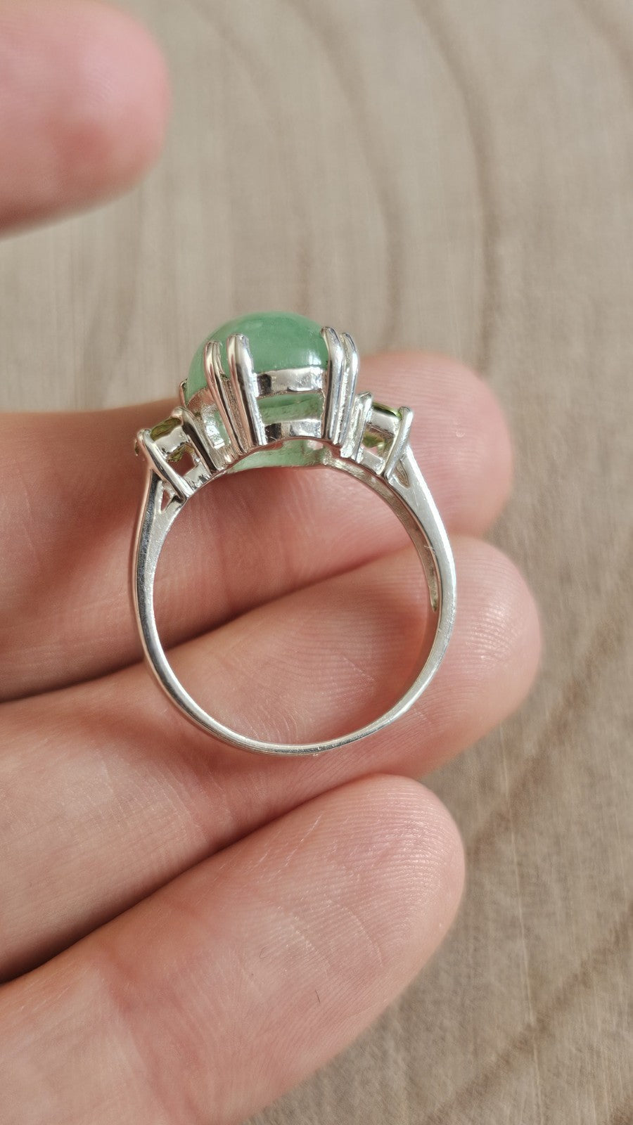 925 Sterling Silver Jade & Peridot Gemstone Ring Size P 4.28g