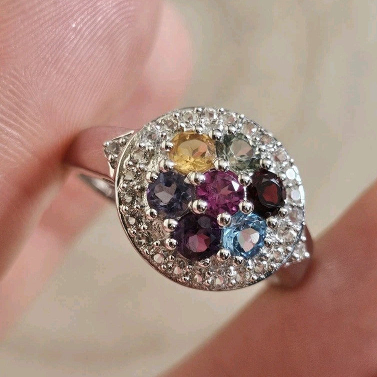 925 Sterling Silver Natural Multicolour Tourmaline Zircon Ring Size R TGGC