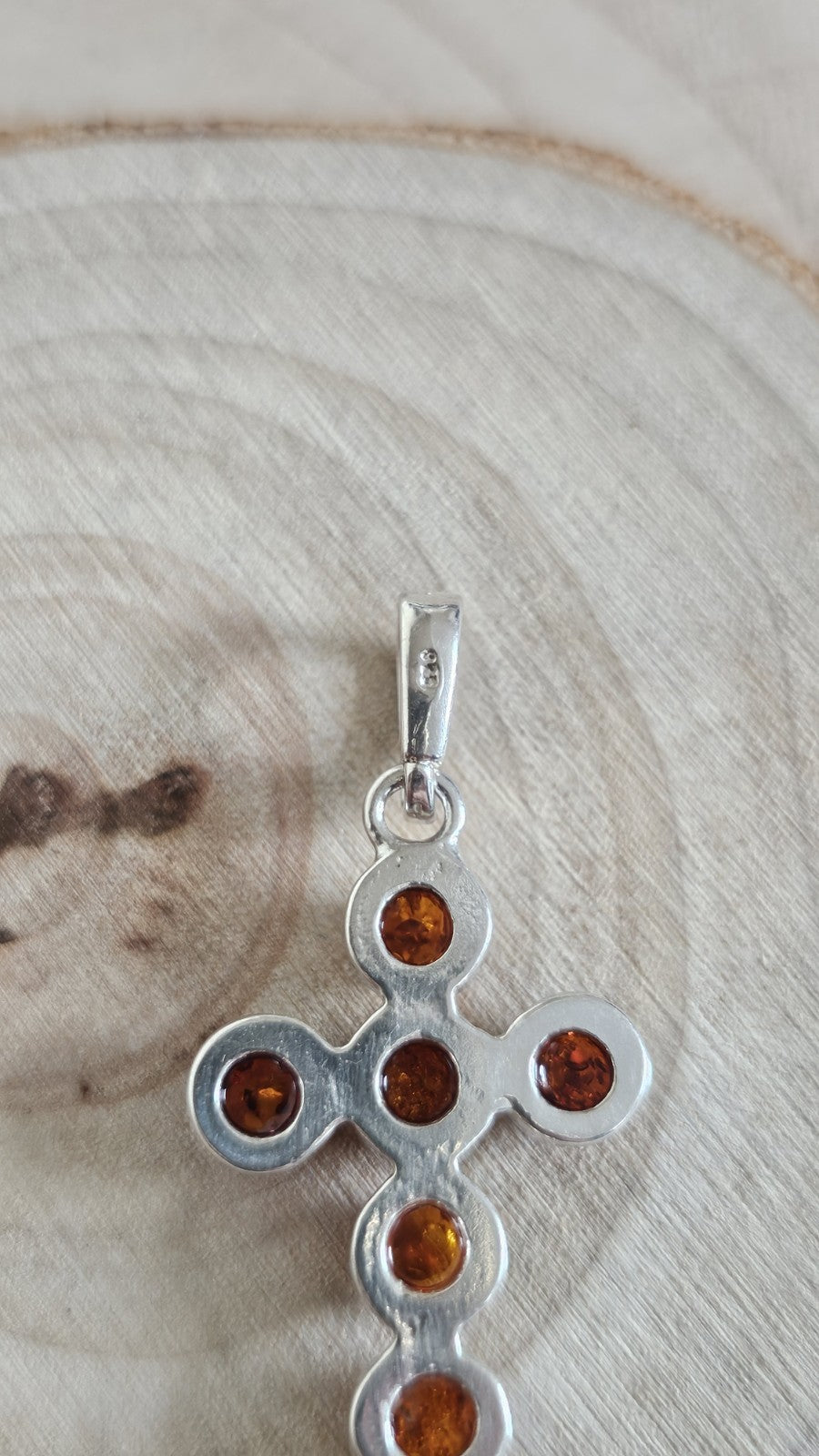 925 Sterling Silver Genuine Amber Cross Pendant Honey Cognac 37.7mm 3.10g