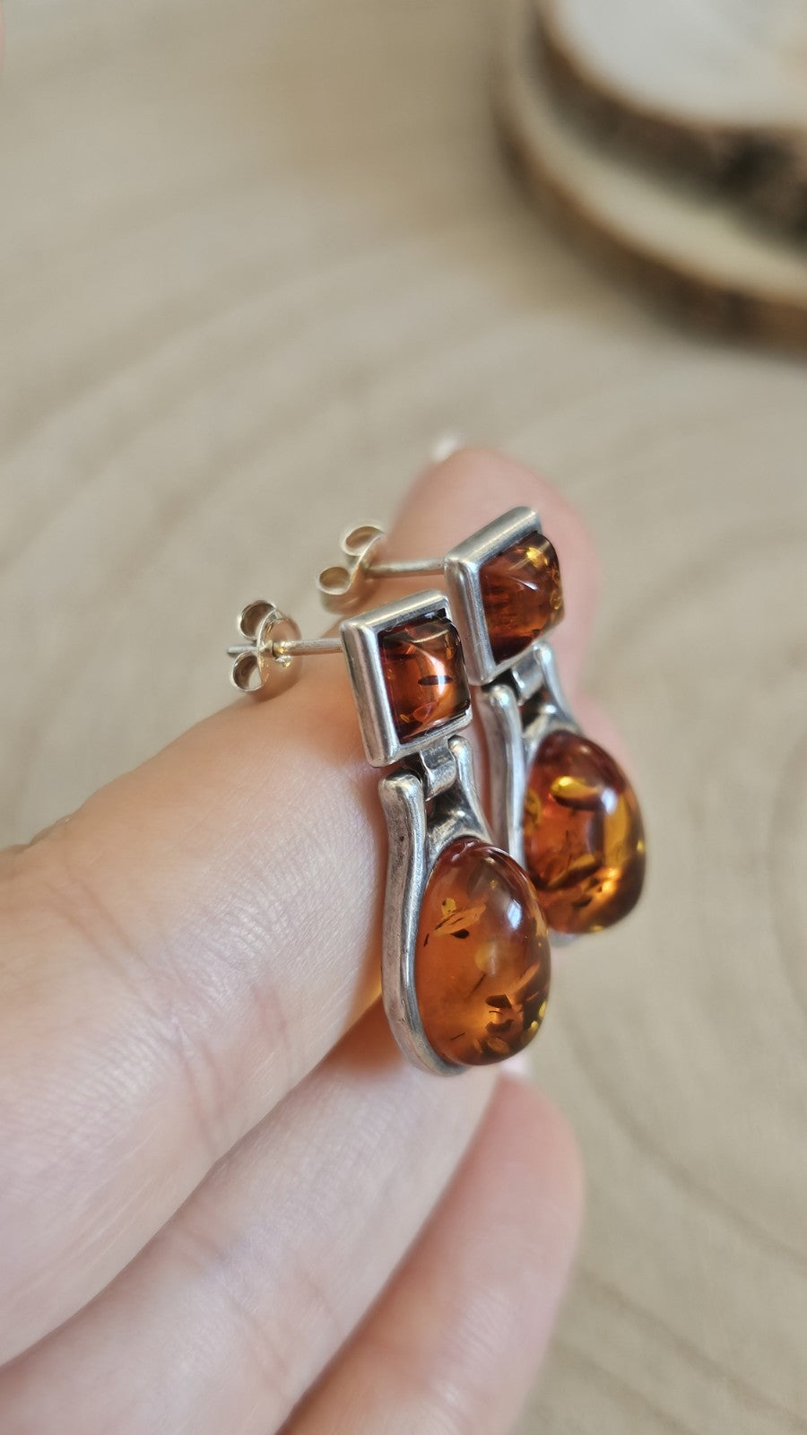 925 Sterling Silver Amber Drop Earrings Studs 6.73g 28mm