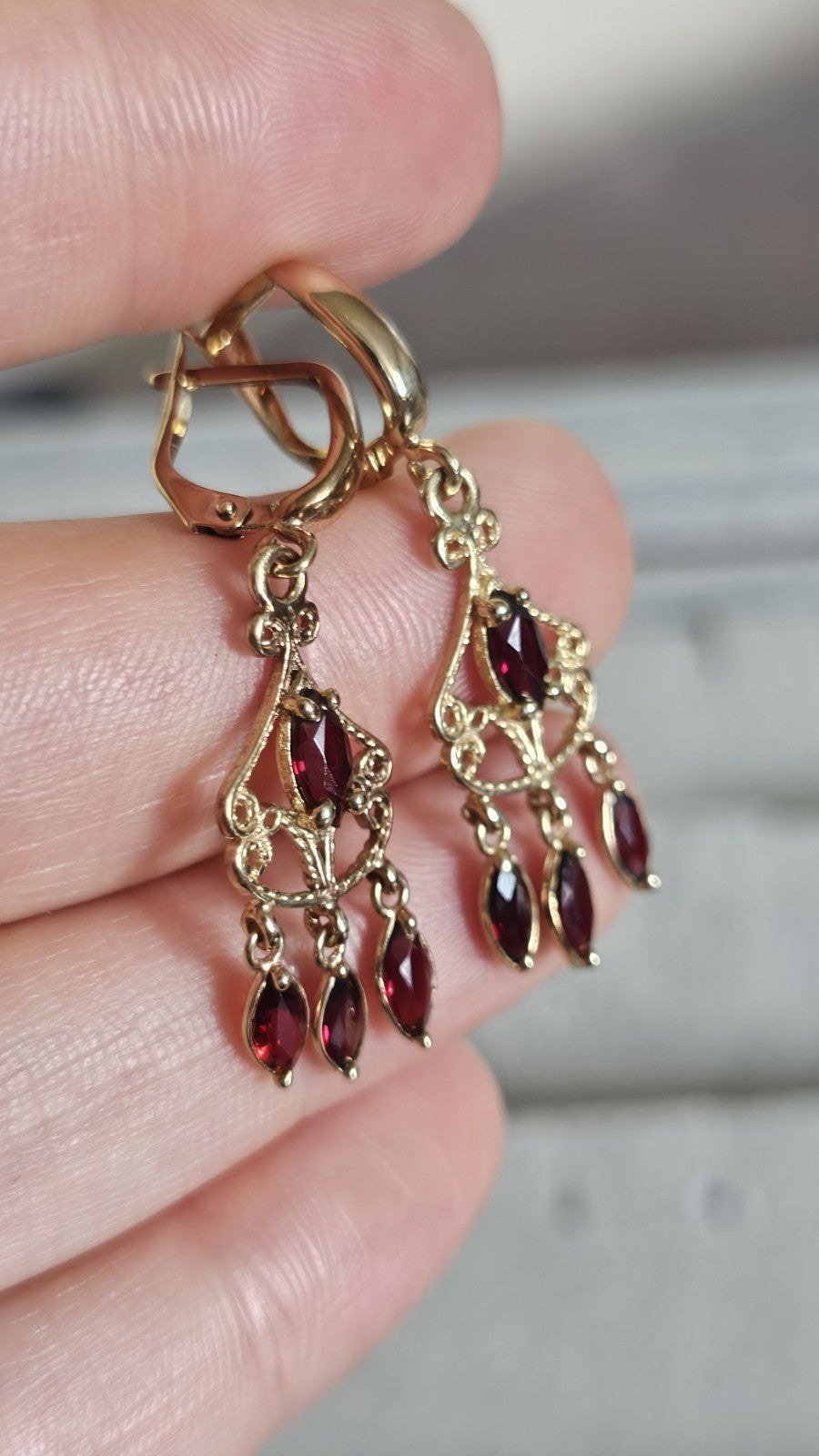 Vintage 9ct Yellow Gold Garnet Chandelier Drop Earrings 3.61g 41mm 375