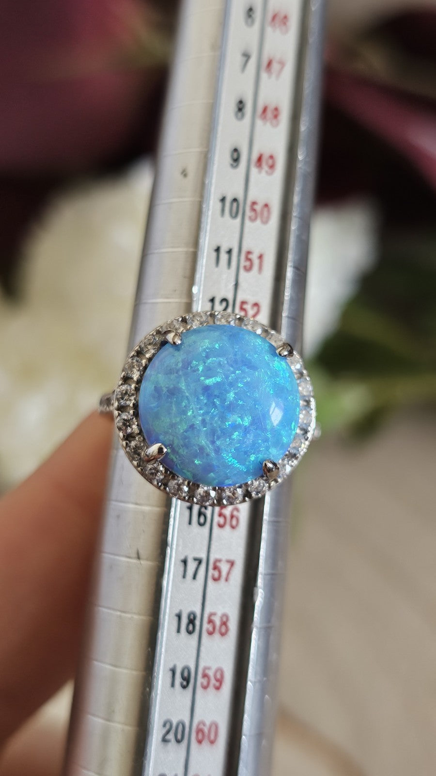 925 Sterling Silver Blue Opal & Zircon Halo Ring Size N 1/2 4.92g