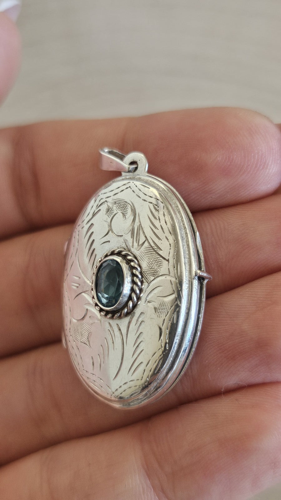 925 Sterling Silver Oval Photo Locket Pendant, Bezel Set Oval Blue Topaz Stone