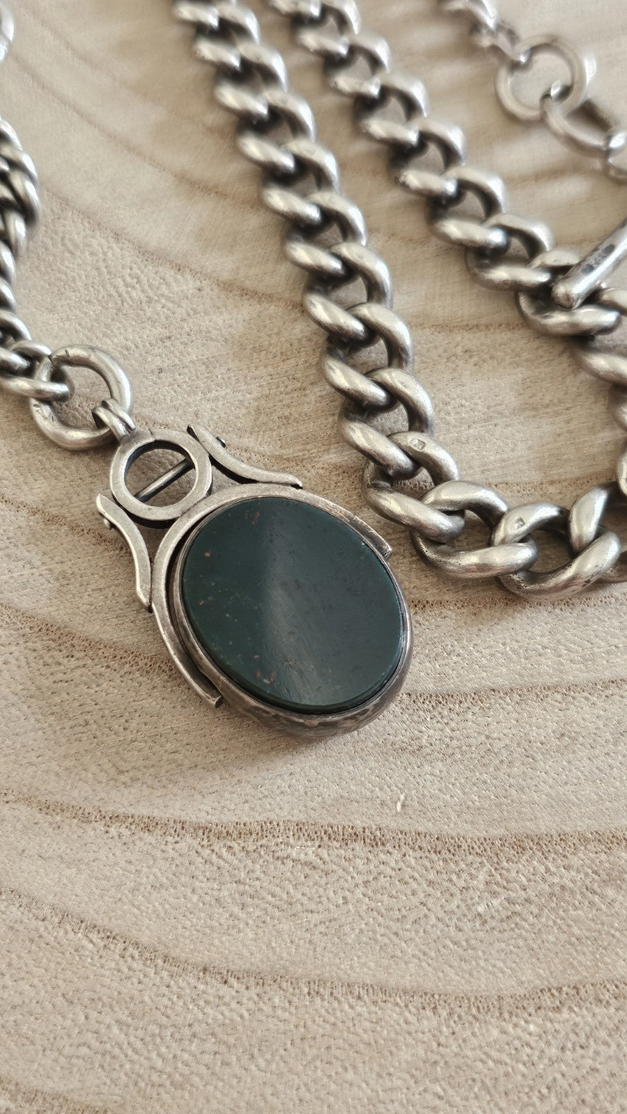 Antique 1901 Sterling Silver Graduated Albert Chain 1889 Carnelian BloodstoneFob