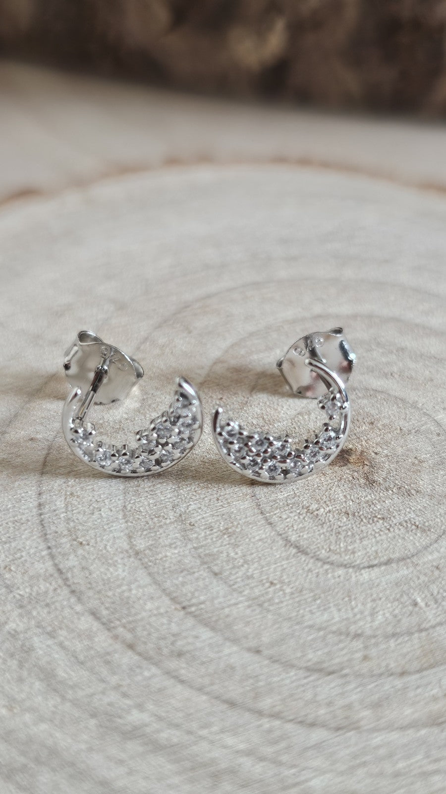925 Sterling Silver CZ Crescent Moon Stud Earrings Rhodium Plated New