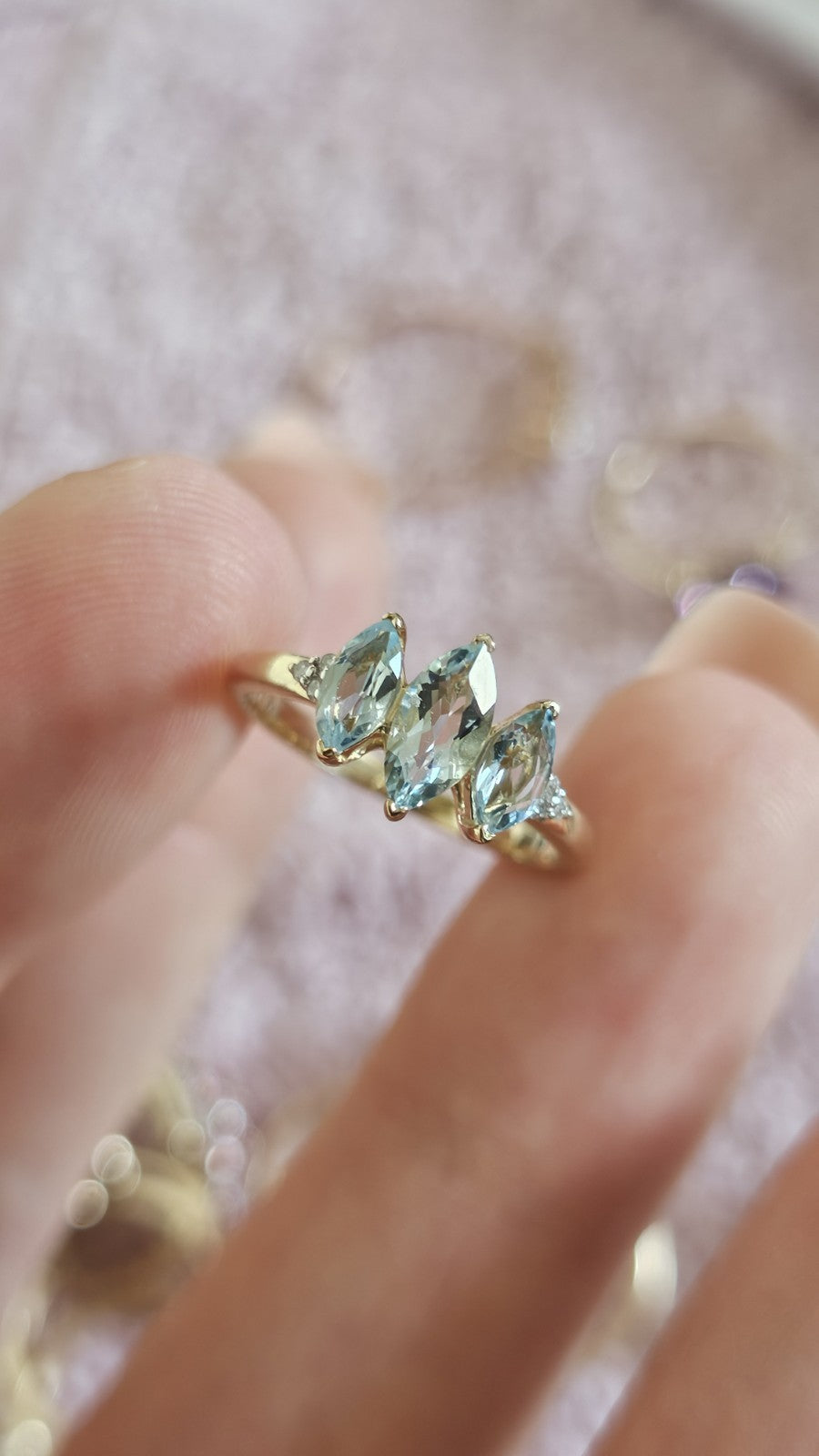 10ct Yellow Gold Natural Aquamarine & Diamond Trilogy Ring Size L | Hallmarked