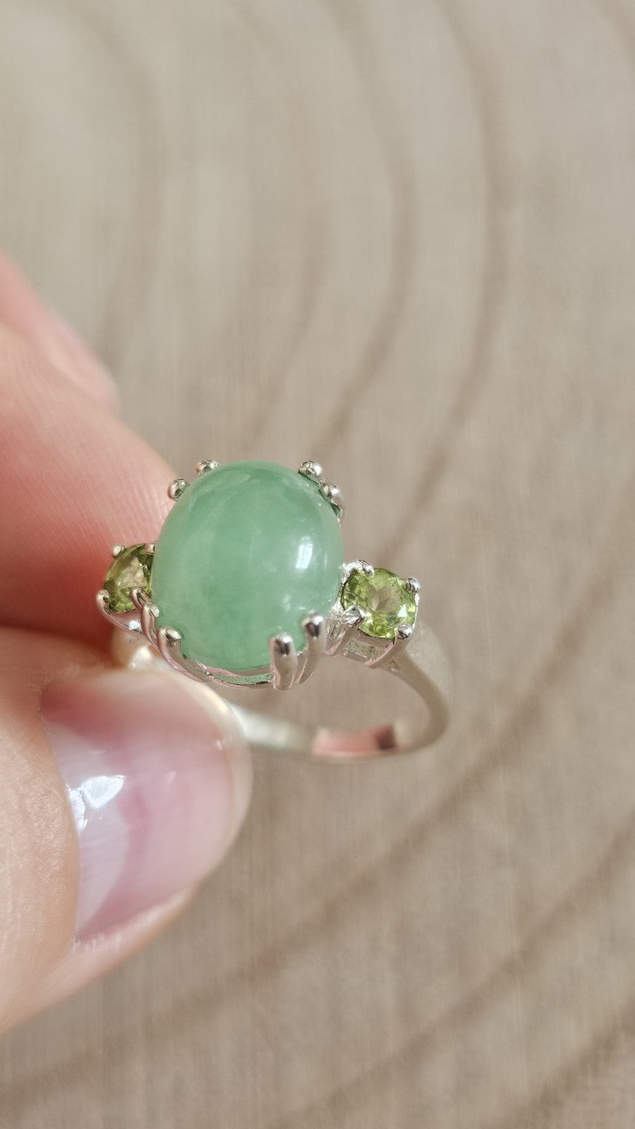 925 Sterling Silver Jade & Peridot Gemstone Ring Size P 4.28g