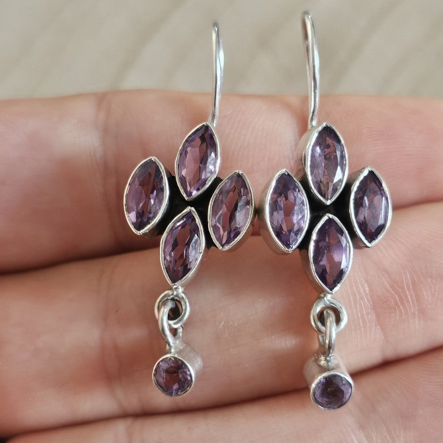 925 Sterling Silver Amethyst Floral Drop Dangle Earrings 