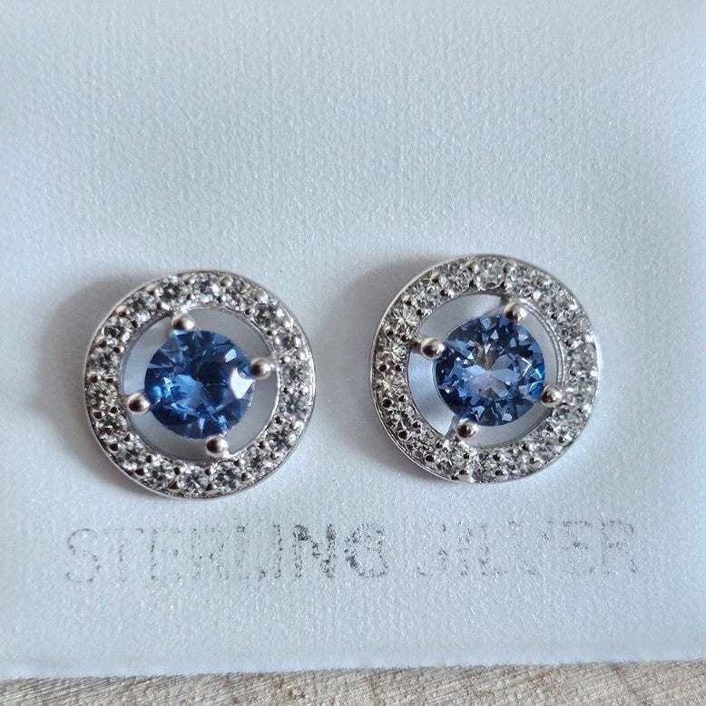 925 Sterling Silver Blue CZ Halo Stud Earrings 9.6mm, New Boxed