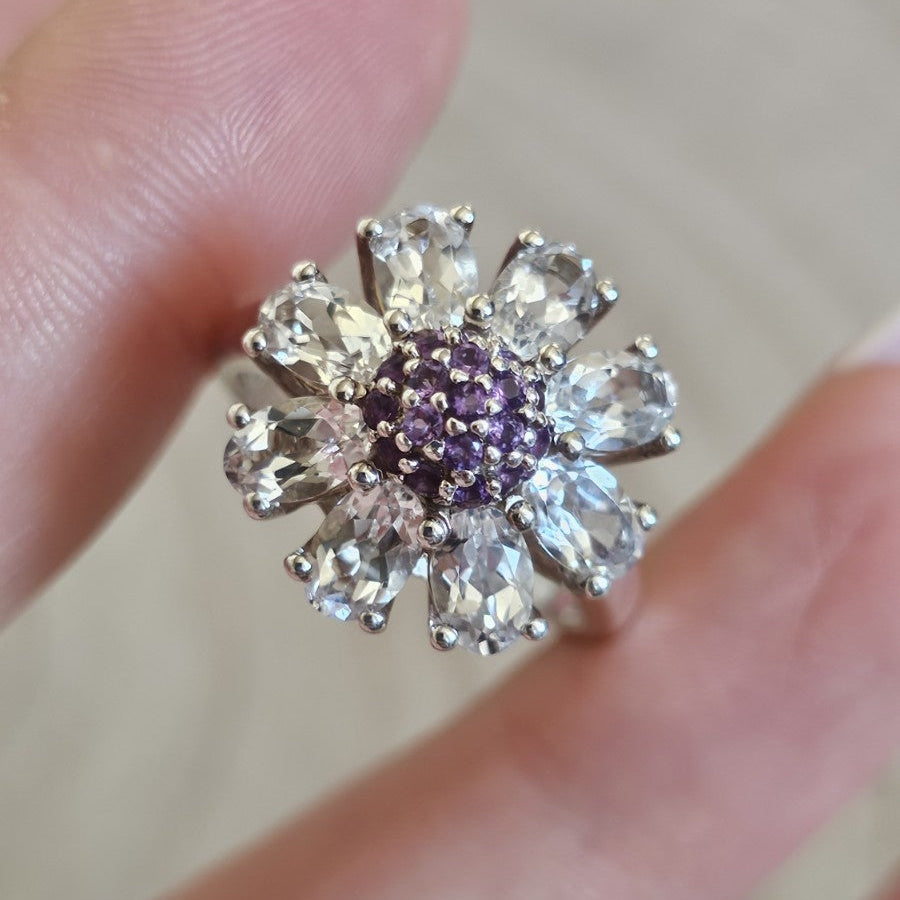 TGGC 925 Sterling Silver Amethyst & White Topaz Flower Ring Size R 1/2