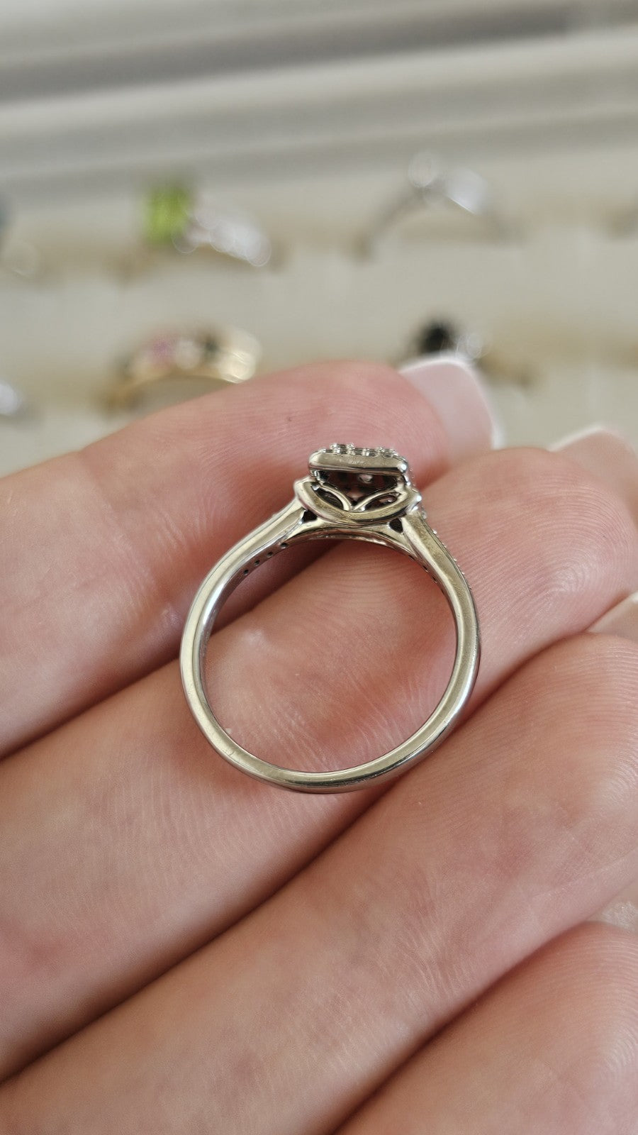 9ct White Gold 0.25ct Natural Diamond Square Halo Cluster Ring – Size L 1/2 ✨