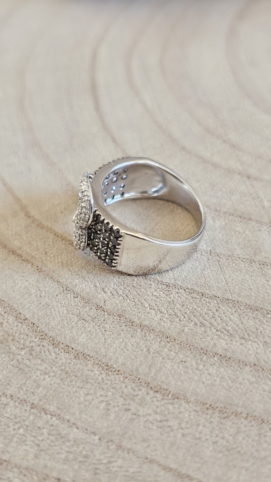 Sterling Silver Natural Black & Clear Diamond Buckle Ring Size N 1/2
