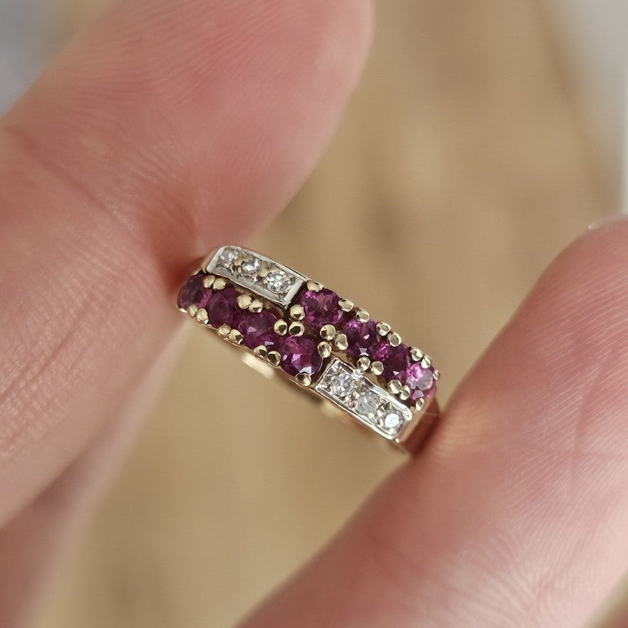 Vintage 1987 ,9ct Yellow Gold Natural Ruby & Diamond Double Row Ring Size M 1/2